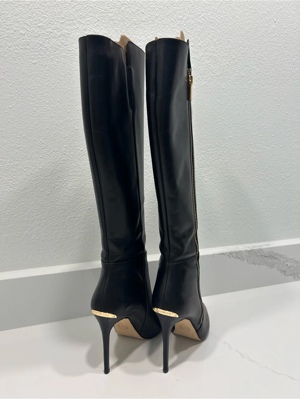 Michael Kors Black Leather Over-the-Knee Stiletto Boots with Gold Zip